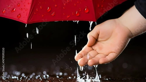 Child hand checking rain drops falling from red umbrella