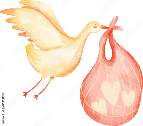 Watercolor Stork with Baby Bundle – Cute Nursery Illustration, Watercolor Stork with Baby Bundle – Nursery Wall Art,Cute Flying Stork Illustration – Baby Arrival Concept,Hand-Painted Stork with Heart 