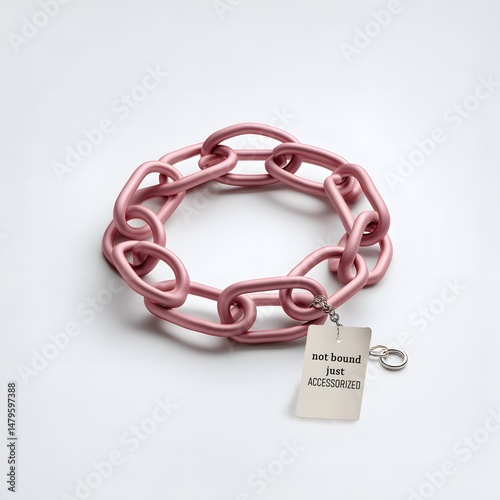 Pink chain styled as a fashion accessory with tag Not Bound Just Accessorized representing autonomy, redefined strength, and a satirical take on identity and constraints, on White Background