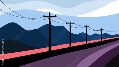 power transmission poles landscape, flat color illustration