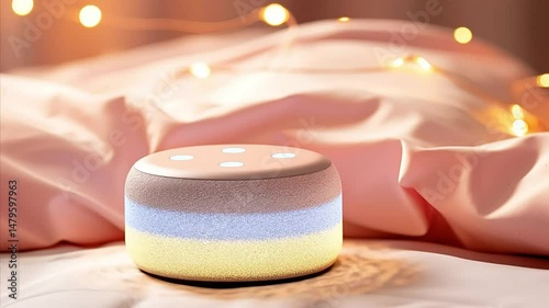 Smart speaker glowing on pink sheets with warm string lights