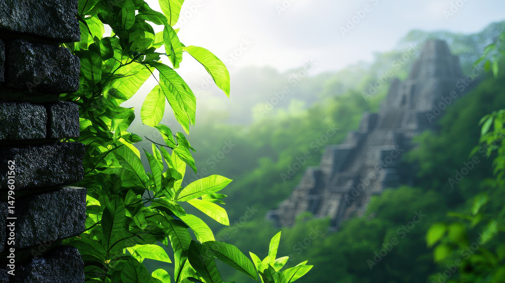 Fototapeta premium Ancient ruins in jungle surrounded by lush greenery create serene atmosphere of mystery and exploration