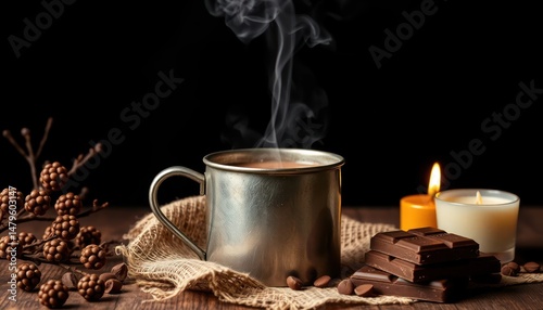 Cozy cocoa indulgence with candle lights on a rustic wooden backdrop