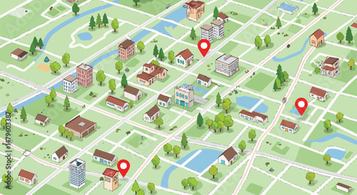 Vector Map Elements: Roads, Trees, Buildings, Location Pins