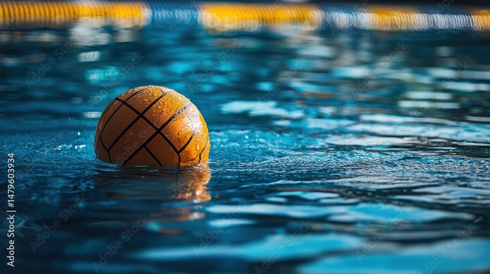 A close-up of a wet water polo ball resting on the pool deck A close-up of a wet water polo ball resting on the pool deck