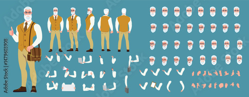 Man Character design. Front, side, back view and explainer animation poses. Character set with lip sync and facial expressions of Happy, angry, sad, Joy with Side walk cycle animation sequence sprite 