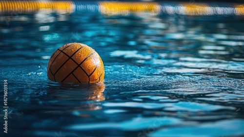 A close-up of a wet water polo ball resting on the pool deck