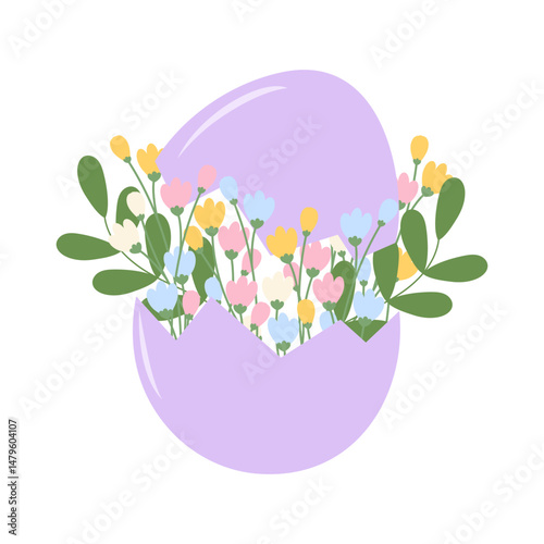 Vibrant purple egg cracked open to reveal blooming flowers, symbolizing the joyous arrival of spring