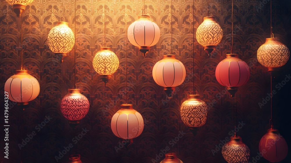 Fototapeta premium Digital illustration of multiple ornate, golden-toned paper lanterns hanging against a patterned, dark background.