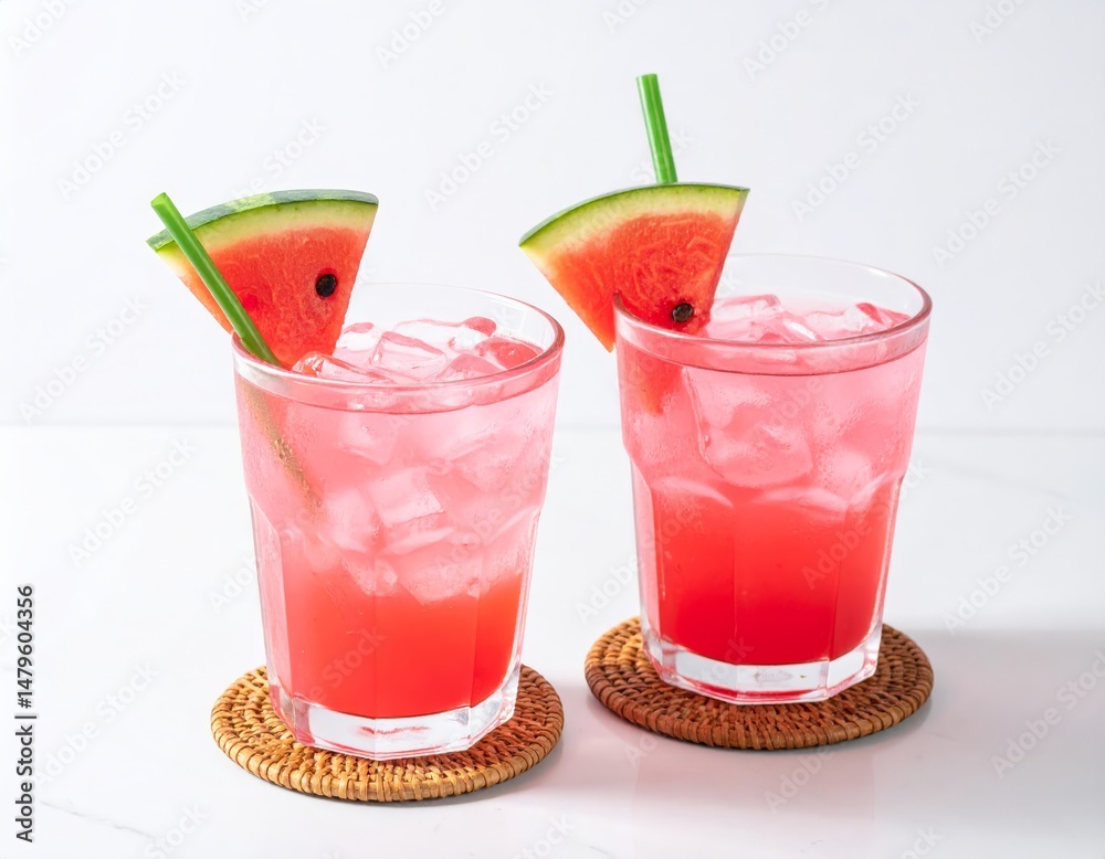 Pink drinks with watermelon slices and ice on coasters, green straw, white background. Pink drinks with watermelon slices and ice on coasters, green straw, white background.