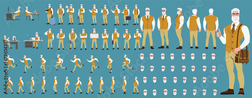 Man Character design. Front, side, back view and explainer animation poses. Character set with lip sync and facial expressions of Happy, angry, sad, Joy with Side walk cycle animation sequence sprite 