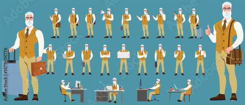 Man Character design. Front, side, back view and explainer animation poses. Character set with lip sync and facial expressions of Happy, angry, sad, Joy with Side walk cycle animation sequence sprite 