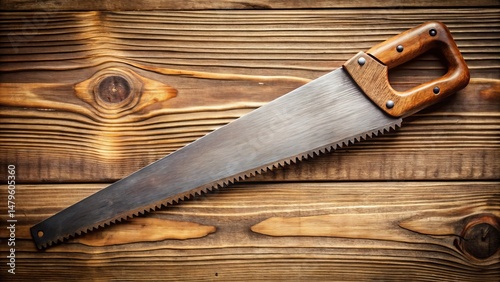A hand saw with a wooden handle rests on a rustic wooden surface, showing the tool's weathered texture and the grain of the wood