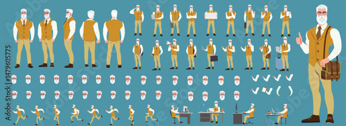Man Character design. Front, side, back view and explainer animation poses. Character set with lip sync and facial expressions of Happy, angry, sad, Joy with Side walk cycle animation sequence sprite 