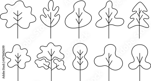 Green tree vector line art set. Wood with leaf natural collection outline style. Simple tree design elements.