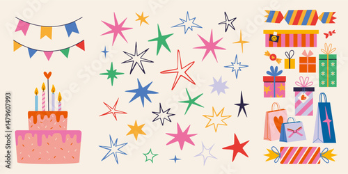 Playful holiday set with hand drawn stars, gift boxes, birthday cake with candles and flag garlands for party decor and festive designs. Trendy modern isolated vector illustration, flat design