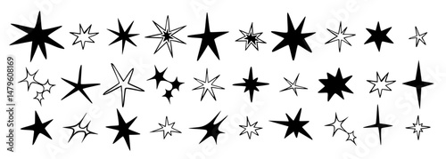 Stars, sparks and spikes, Black and white abstract scribble style set. Trendy modern vector illustration isolated on white background, hand drawn