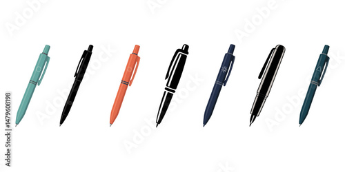 Vector. Mock Up. Ballpoint pen in black with a cap. Isolated on white background, set of pen shillouette vector--illstration, Set of pens and pencils, tools for writing drawing, isolated on white.