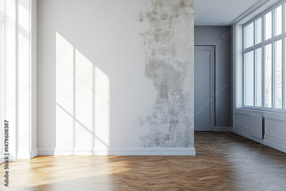 Fototapeta premium Empty room with damaged wall hardwood floor and sunlight