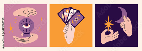 Square compositions with mystical hand gestures holding tarot cards, crystal balls, moon and stars. Whimsical flat style for magic themes and esoteric designs. Trendy modern vector illustration