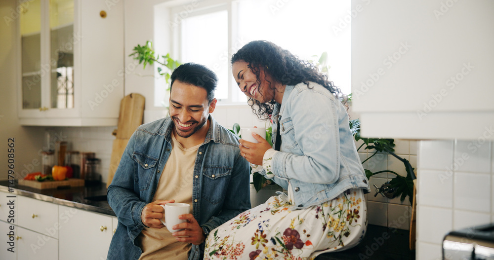 custom made wallpaper toronto digitalMorning, coffee and couple in kitchen with laughing, cup and mug with drink in home. Relax, communication and love of happy people with smile, house and marriage talking for breakfast gossip with tea