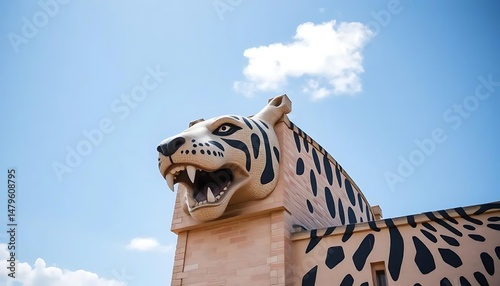 Architectural oddity: A feline structure against a vast azure canvas