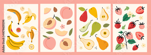 Vertical cards with banana, peach, pear and strawberry, whole fruits, slices and seeds. Healthy eating, vitamins and natural nutrition. Trendy modern vector illustrations, flat