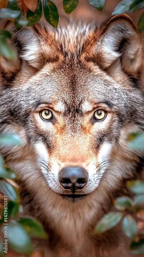 Fototapeta premium Wolf Portrait, Leaves, Nature