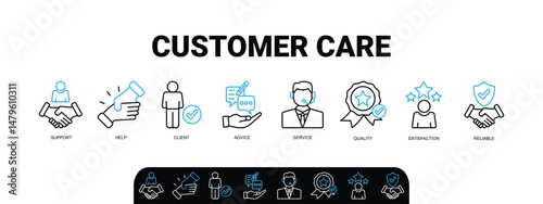 Customer care banner web icon illustration concept for customer support and telemarketing service with an icon of help, client, advice, chat, service, reliability, quality, and satisfaction