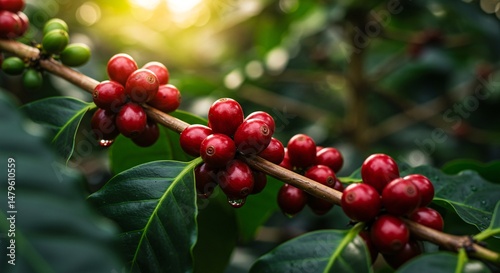 Fresh ripe red coffee cherries growing on a branch in the sunlight, ready for harvest.

