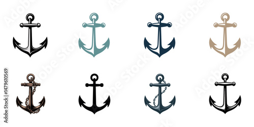 anchor icon set, Anchor Silhouette Vector Illustration for Nautical Designs, A blue nautical anchor with rope, symbolizing hope, stability, and maritime adventures, anchor with rope silhouette icon.