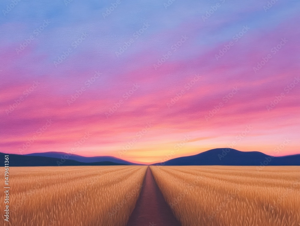 Fototapeta premium Wheat field under colorful sunset