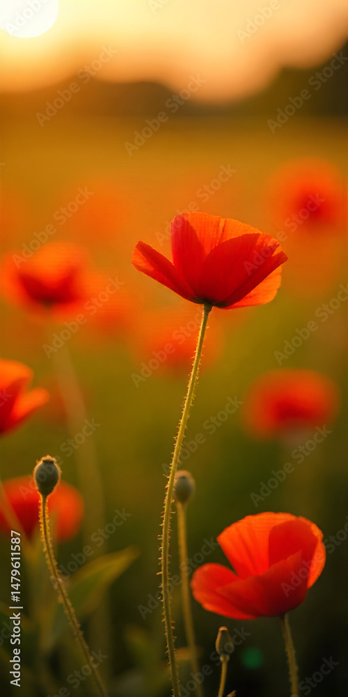 Naklejka premium Close- up of Red poppies bloom in a field, bathed in the golden light of a sunset. 