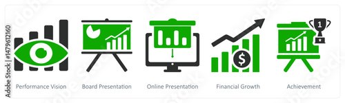 A set of 5 business icons as performance vision, board presentation, online presentation