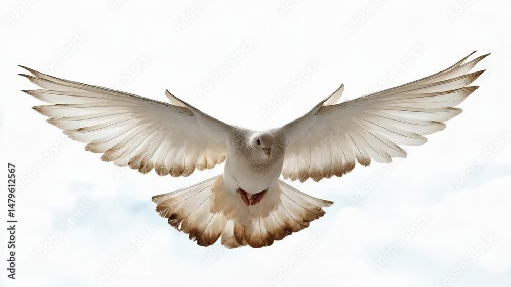 Dove in mid-flight with full wingspan, showcasing beautiful feather detail, and symbolizing freedom and peace against a bright neutral sky