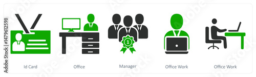 A set of 5 business icons as id card, office, manager