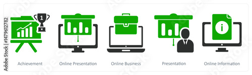 A set of 5 business icons as achievement, online presentation, online business