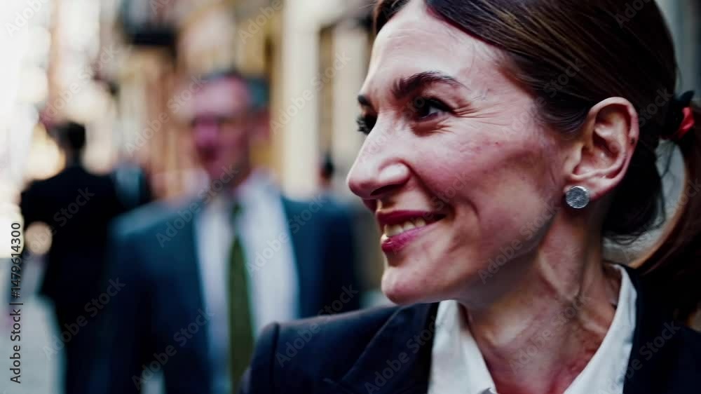 Close-up video shot of a woman laughing in a bustling city street, capturing a candid, joyful moment with a shallow depth of field. Close-up video shot of a woman laughing in a bustling city street, capturing a candid, joyful moment with a shallow depth of field.