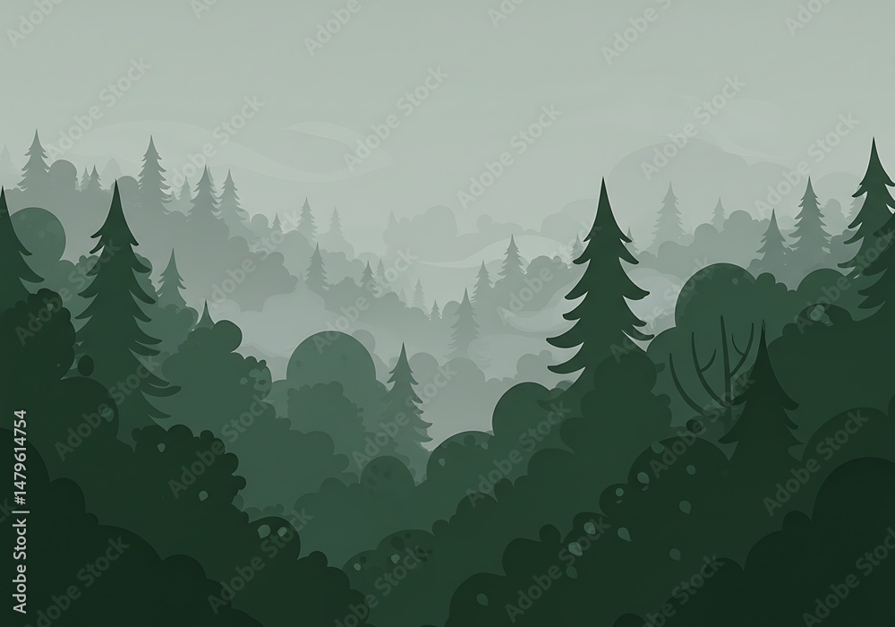 Fototapeta premium Misty Forest Landscape, Green Silhouette, Nature Background