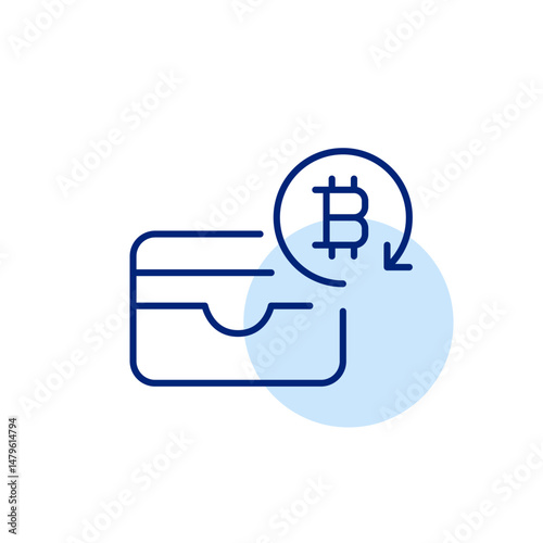 Card wallet, bitcoin and renew arrow. Secure crypto deposit, account top up. Pixel perfect, editable stroke icon