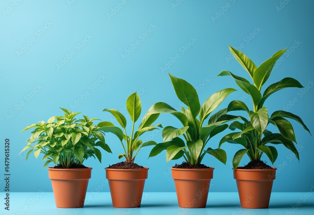 Fototapeta premium Energy efficiency conservation optimization concept. Growing plants in pots against a blue background
