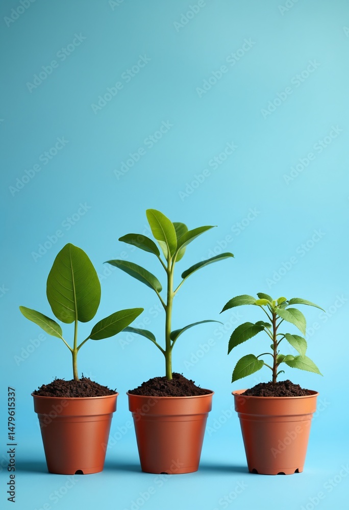 Obraz premium Energy efficiency conservation optimization concept. Growing plants in pots against a blue background