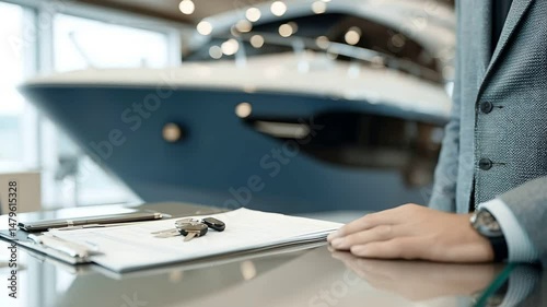Man in Grey Suit Presents Yacht Keys in Dealership Showroom