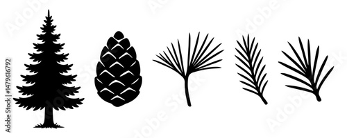 Silhouette of Pine Tree, Cone, and Needles