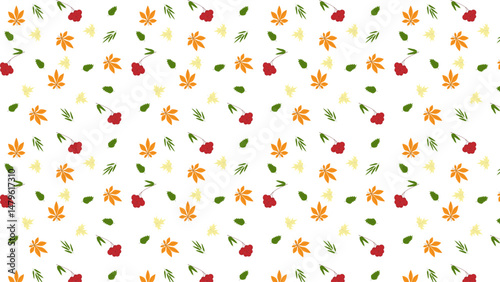 Autumn leaves of maple, chestnut, rowan berries. A simple set of yellow, green and orange autumn leaves. Flat vector illustration.
