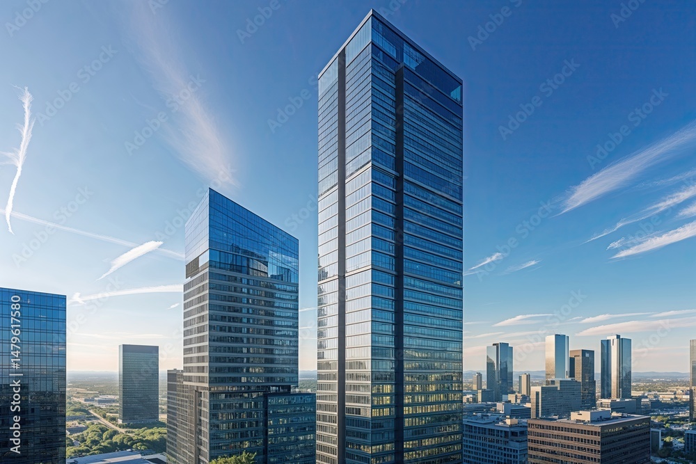 Obraz premium Striking High-Rise Offices: Contemporary Corporate Landscape in Urban Architecture with Expansive Blue Skies