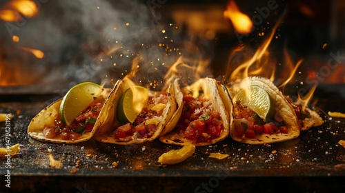 Wallpaper Mural Flaming Tacos with Salsa and Lime on Dark Background Torontodigital.ca