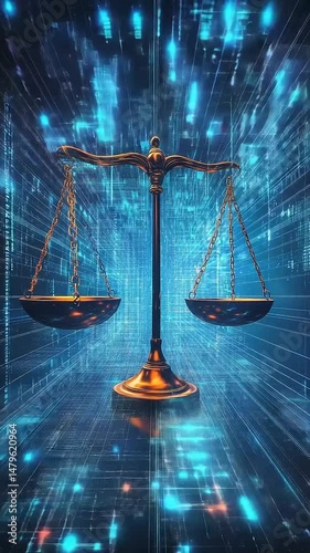 Digital representation of balanced scales symbolizing justice and fairness in a tech environment