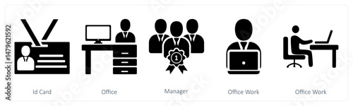 A set of 5 business icons as id card, office, manager