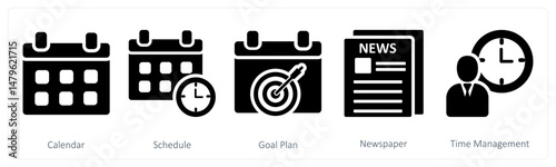 A set of 5 business icons as calendar, schedule, goal plan